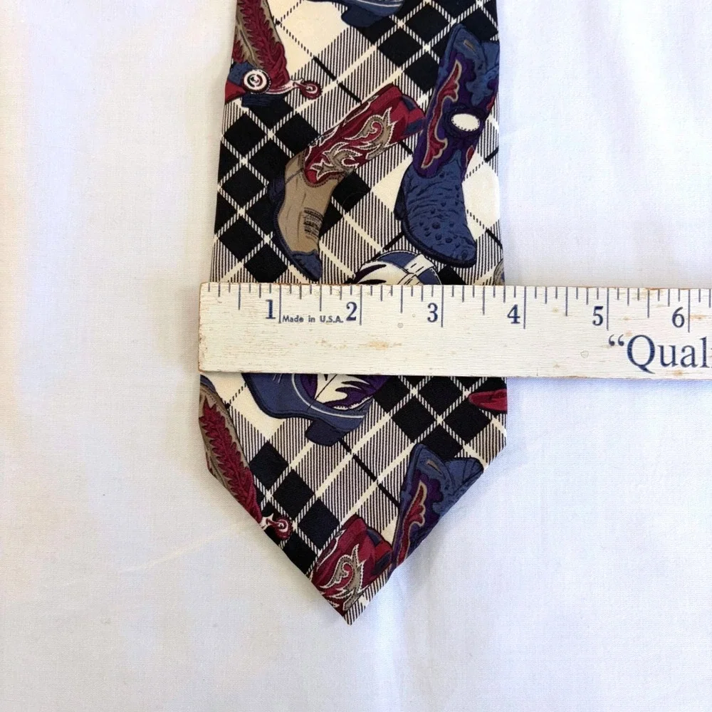 Gant Mens Silk Tie Plaid Cowboy Boots Western country Print Black White Blue USA